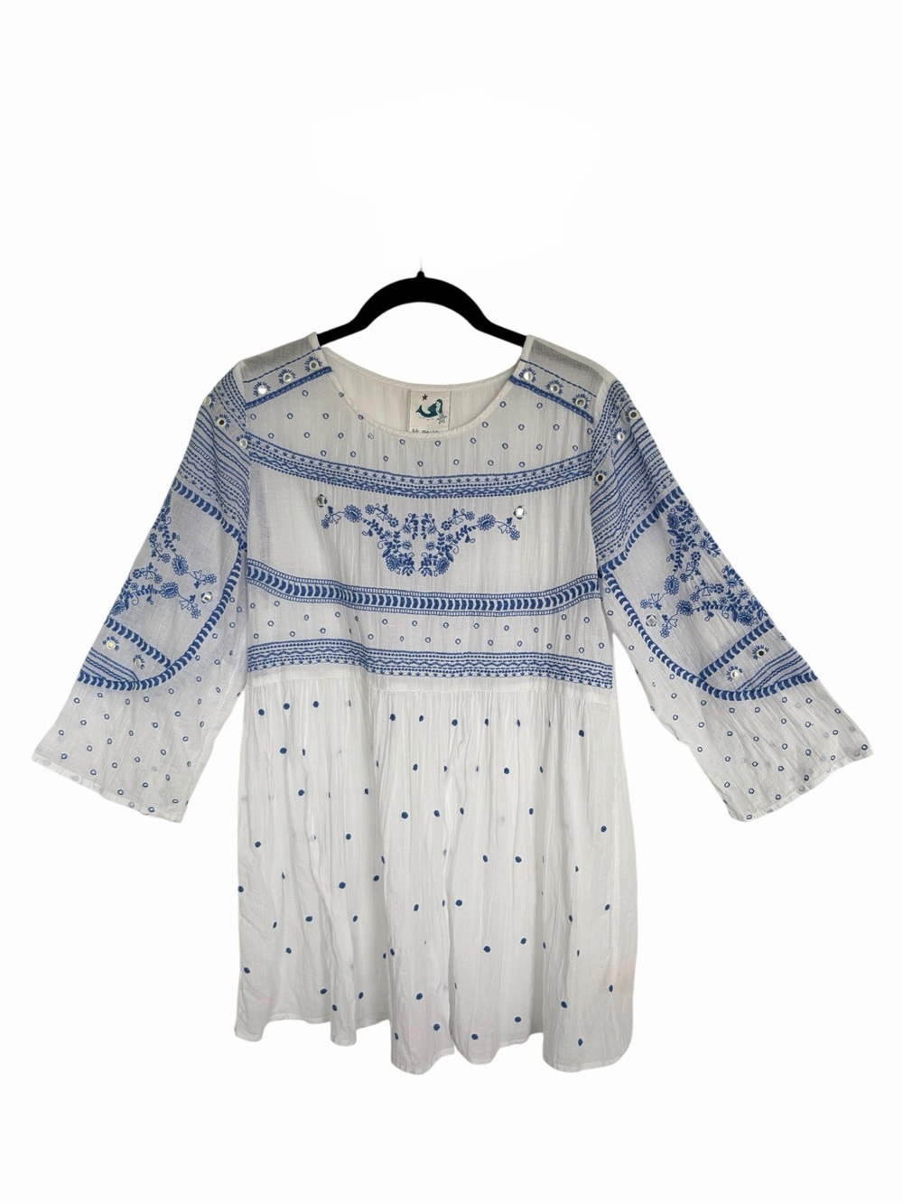 Anthropologie Womens XS Relaxed Cotton Blue White Embroidered Cover Up Tunic Top